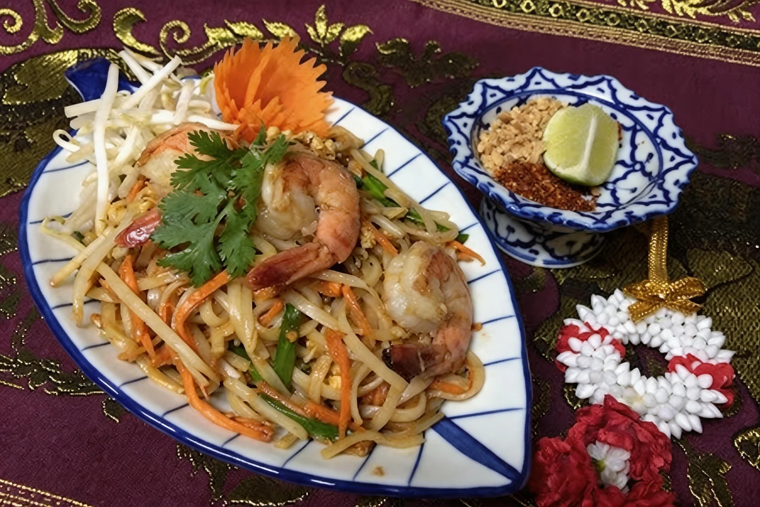 Phad Thaï Khung on a blue and white leaf-shaped plate, small blue and white bowl and a flower garland on a purple and gold tablecloth