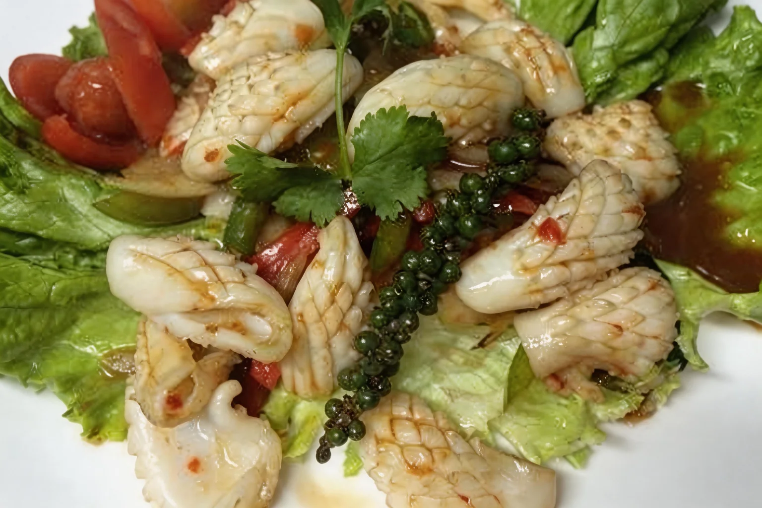 Sautéed squid on a white plate